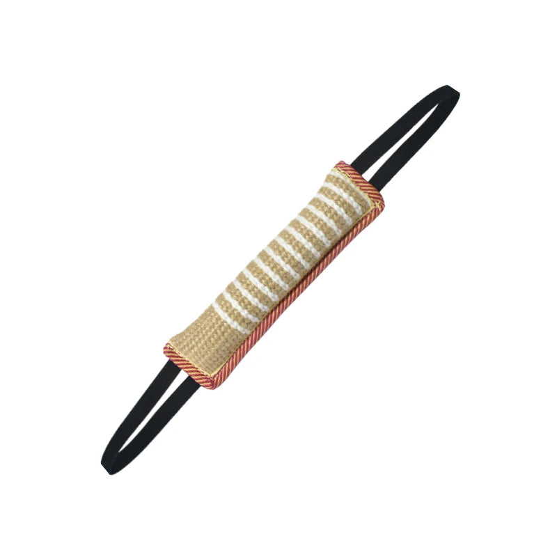 Natural jute tug toy for dogs featuring dual handles and striped fabric.