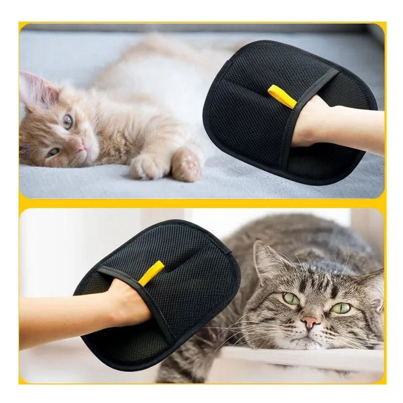 A pair of black pet hair removal grooming gloves being used to clean a kitten's fur.