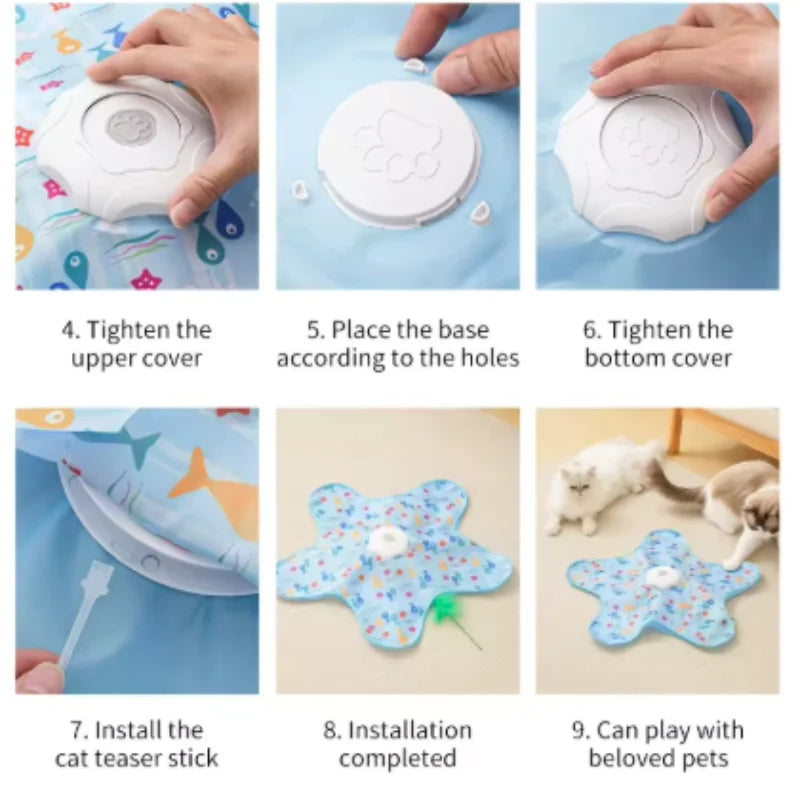 Step-by-step instructions showing how to assemble and use an interactive hide and seek cat toy
