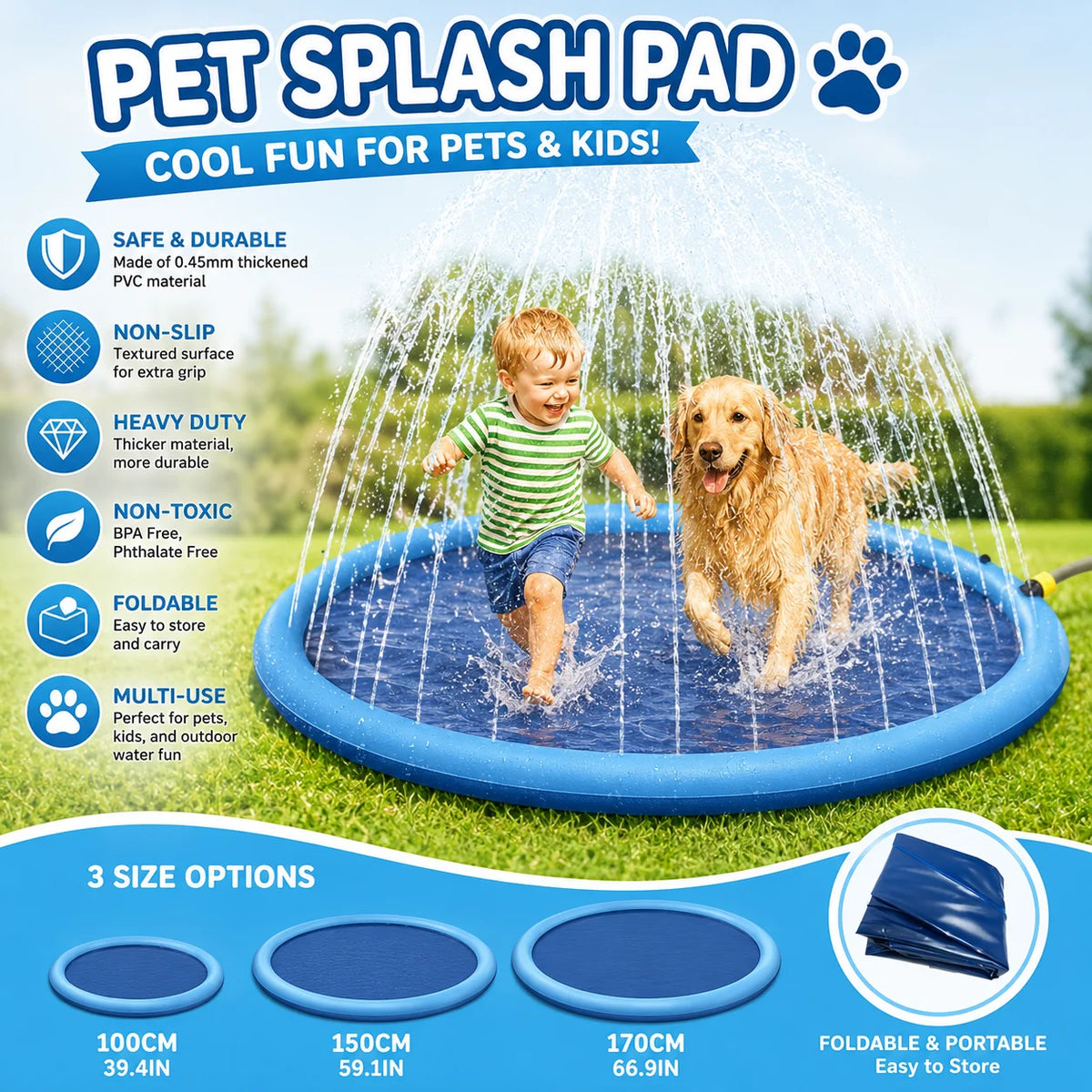 Blue inflatable pet splash pad with a sprinkler being used by a child and a dog in a grassy outdoor setting