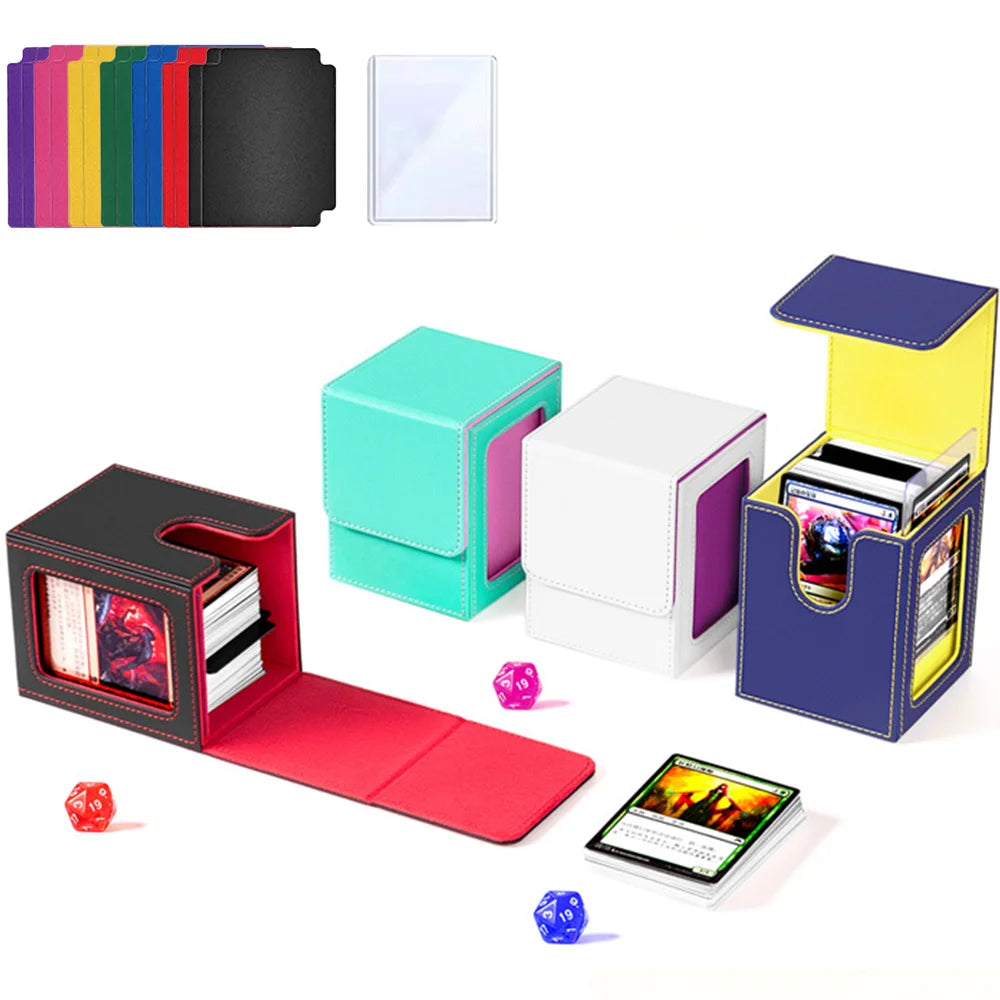 A set of PU leather magnetic card deck boxes in various colors, including black, pink, green, and purple, with a display wind