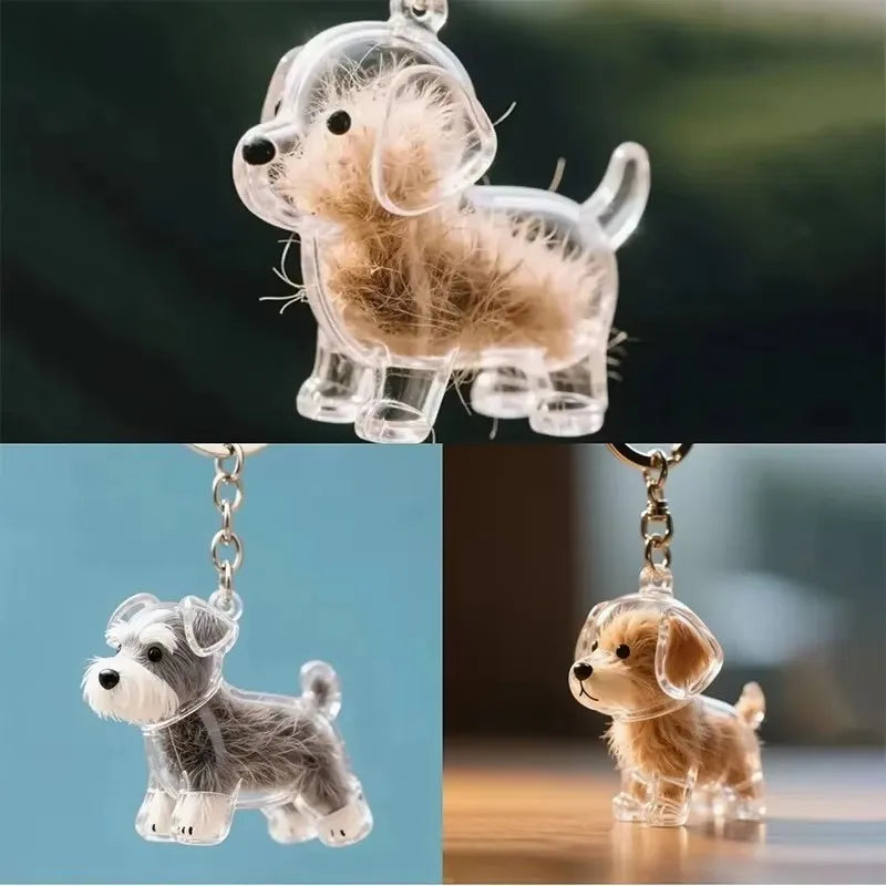 Clear resin dog figurine with light brown fur, designed as a keepsake pendant for a keychain.
