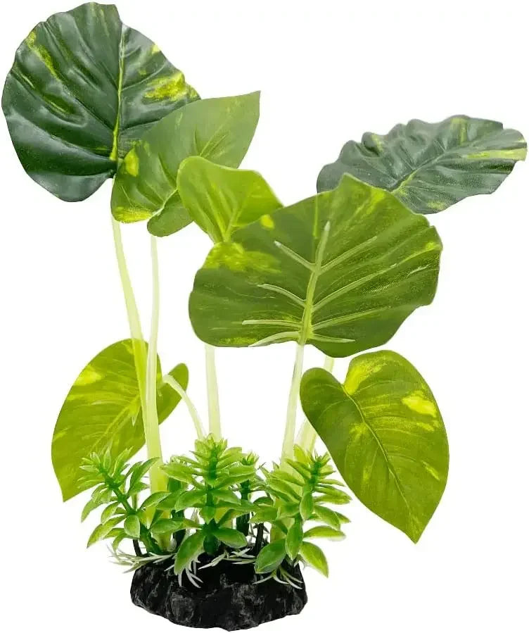 A set of realistic plastic aquarium plants with secure bases, featuring green and yellow-tipped leaves.