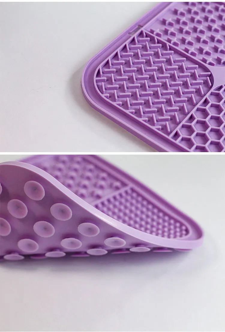 Purple silicone pet licking mat with suction cups shown in two angles