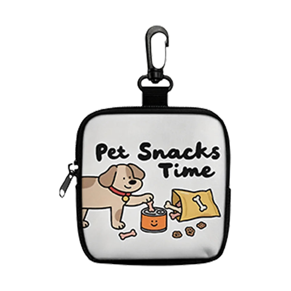 Schwarze Tiersnack-Tüte mit Haken und Reißverschluss, zeigt eine Cartoon-Hund, der Leckereien isst.
