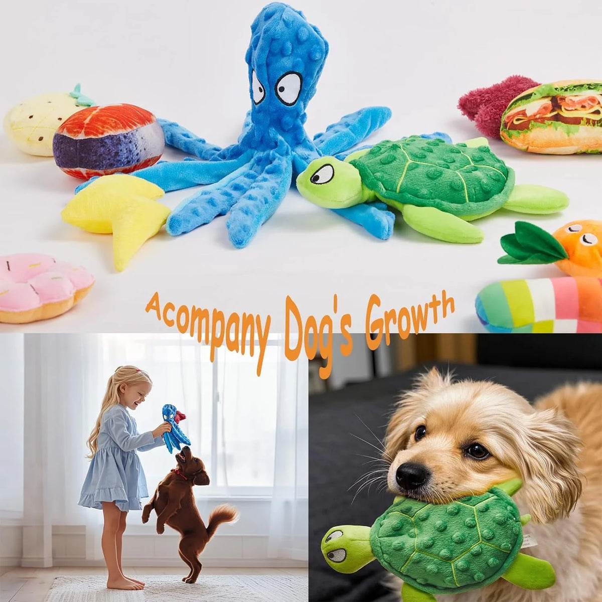 A variety of blue, green, and yellow plush toys shaped like fruit and animals for dogs.