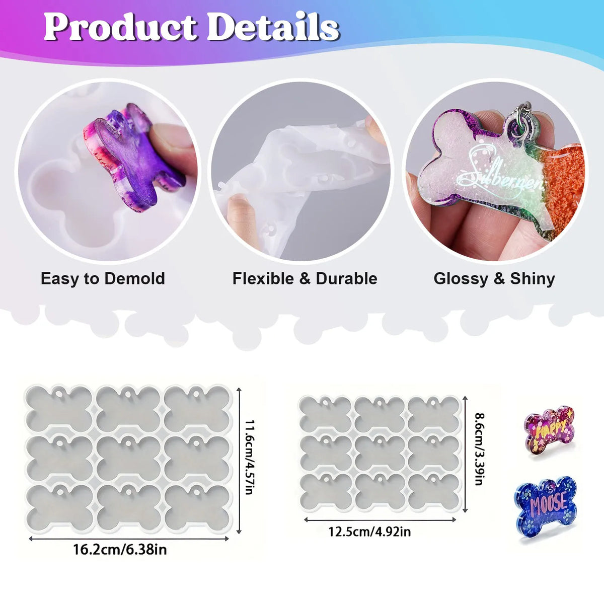 Silicone dog bone molds for resin casting showing various molds and finished shiny pieces