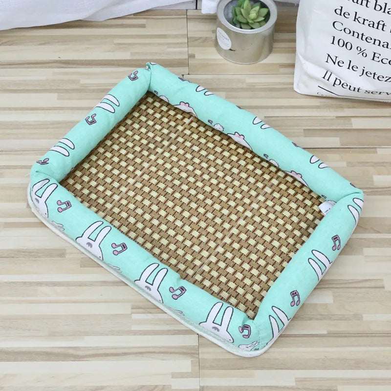 A rectangular pet bed with a light green border and a woven brown mat is shown on a wooden floor.