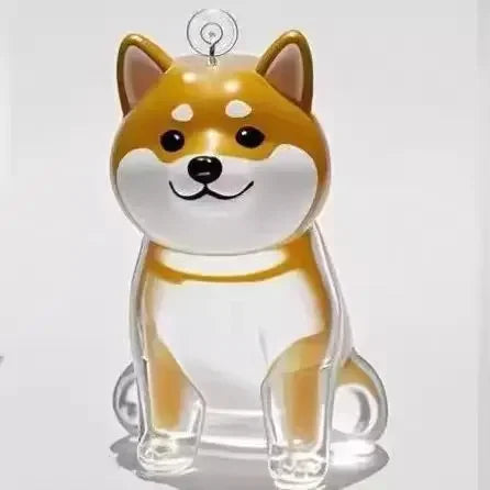 A clear acrylic keychain shaped like a fox dog with orange and white fur.