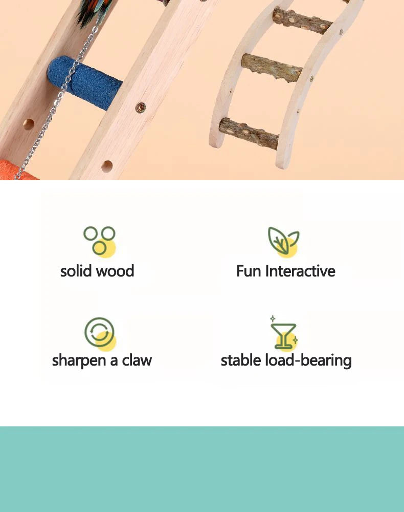 Wooden bird climbing ladder for parrots showing features like solid wood, fun interactive elements, sharpening a claw, and st