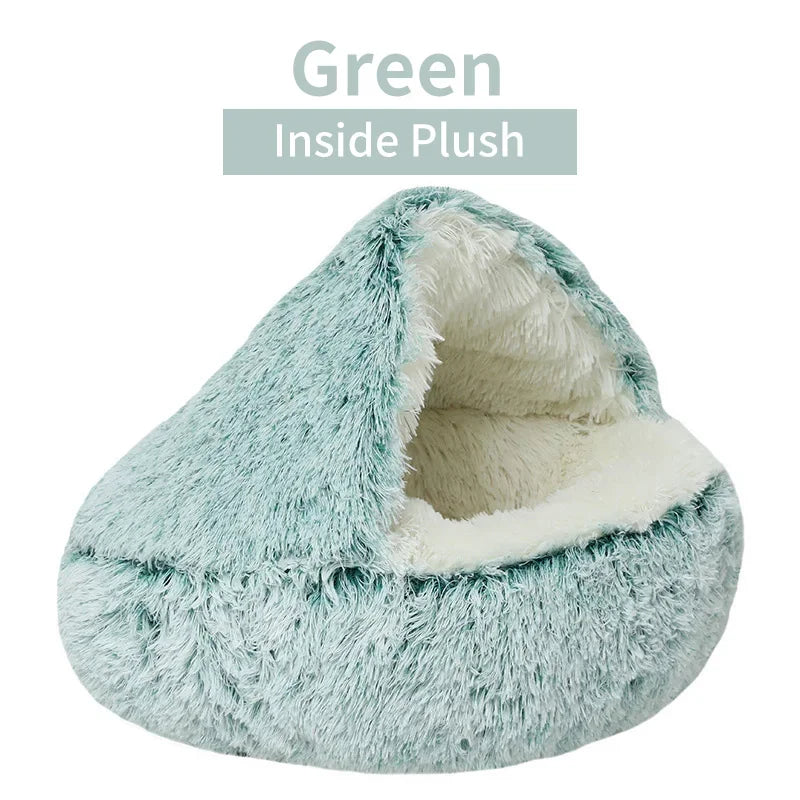 Lit pour animal de compagnie en peluche vert avec un design de grotte