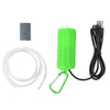 A portable USB aquarium air pump with a green plastic housing, a silicone tube, and an electrical cord.
