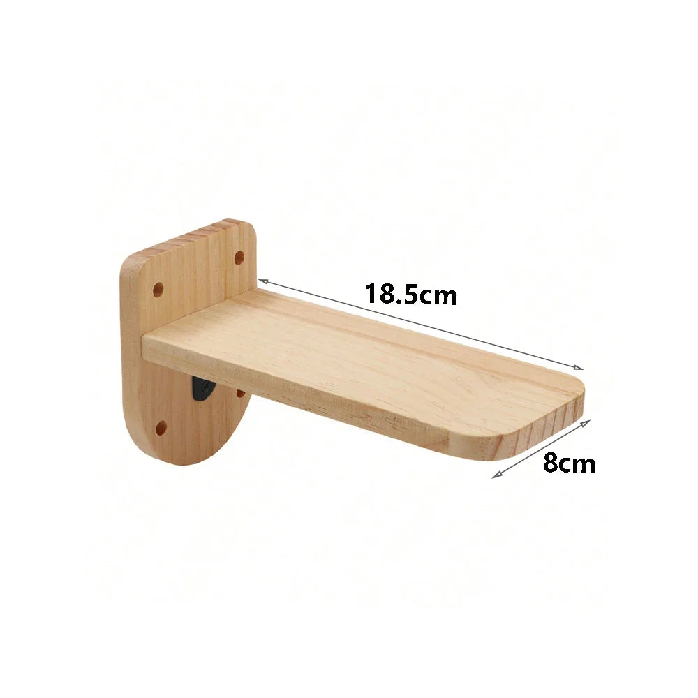 A light wood wall-mounted cat tree and hammock with dimensions 18.5cm by 8cm.
