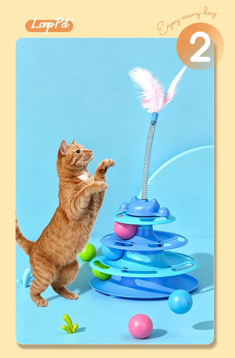 Interactive Cat Turntable Toy with Feather Wand and Rolling Ball