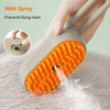 A hand is using an orange pet grooming comb and massage brush on a gray cat, preventing flying hairs.