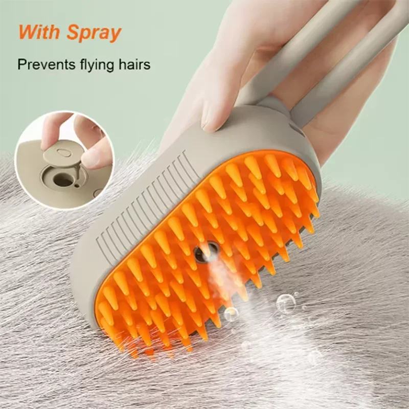 A hand is using an orange pet grooming comb and massage brush on a gray cat, preventing flying hairs.