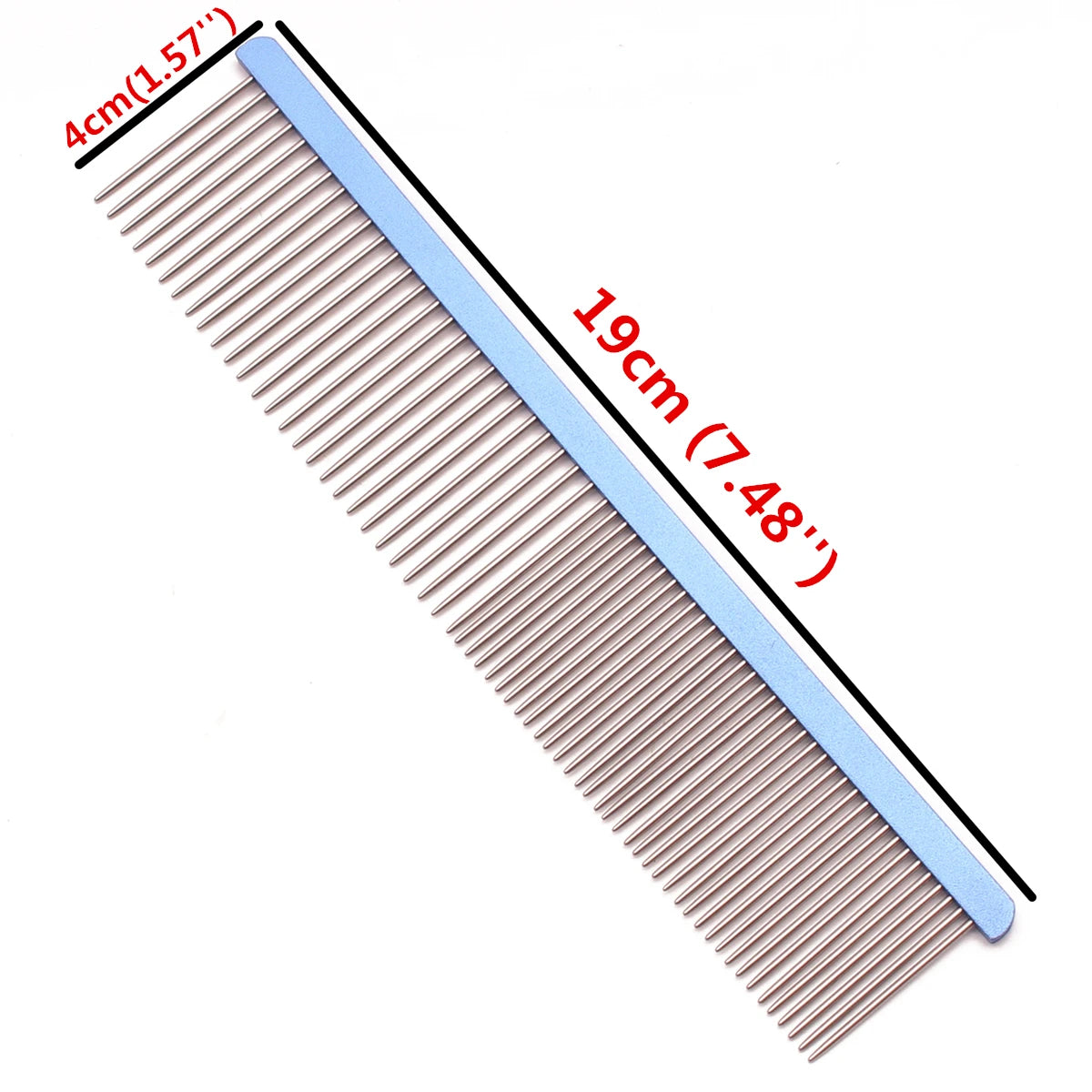 A long aluminum pet grooming comb with 19cm length and 4cm tip, showing parallel teeth.