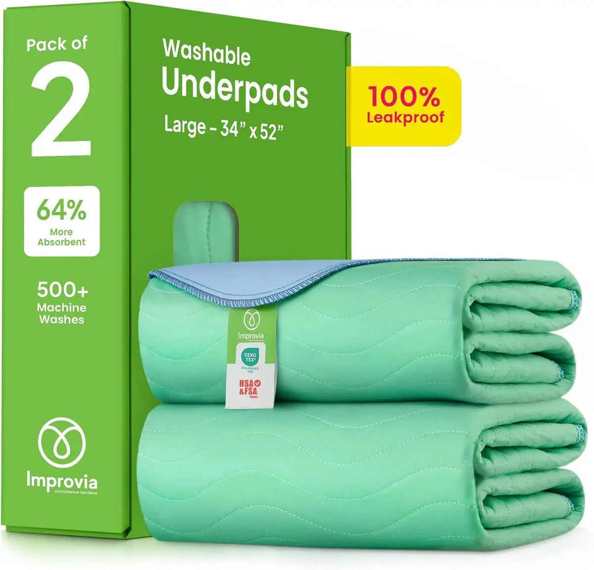 A box of two large washable underpads in light green fabric with a blue trim and a white label.