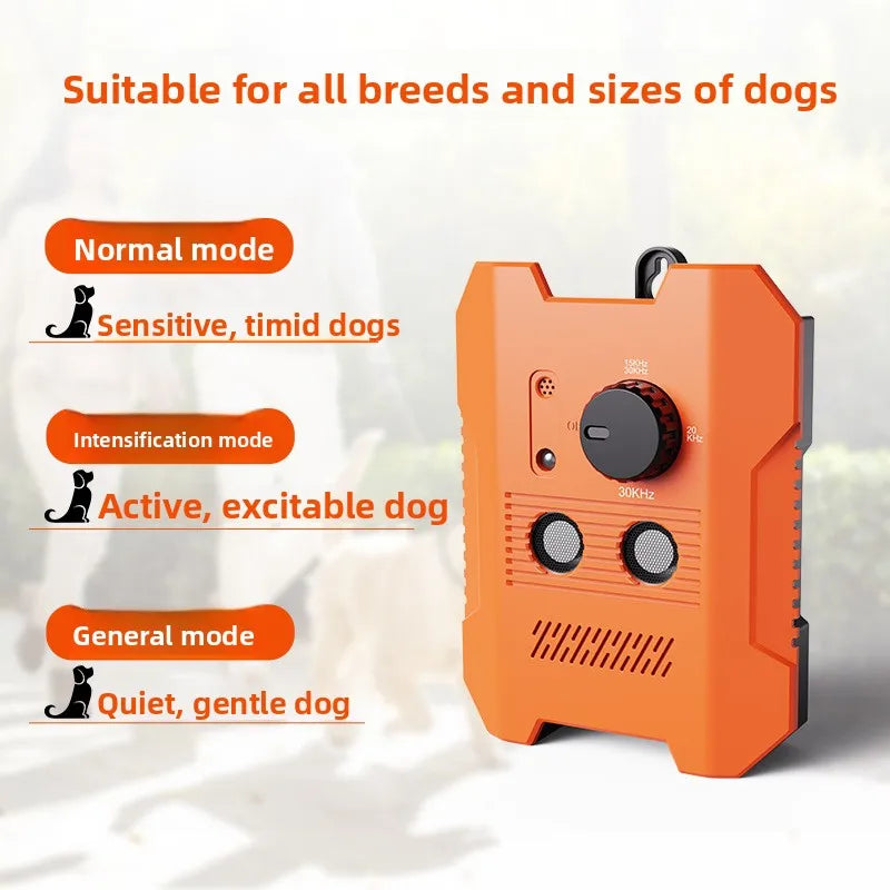 Orange ultrasonic dog bark deterrent device with multiple modes for sensitive, active, and quiet dogs