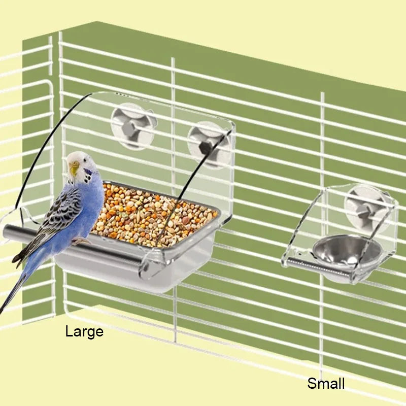 A large and small durable stainless steel pet feeding bowl are shown in a grid context.