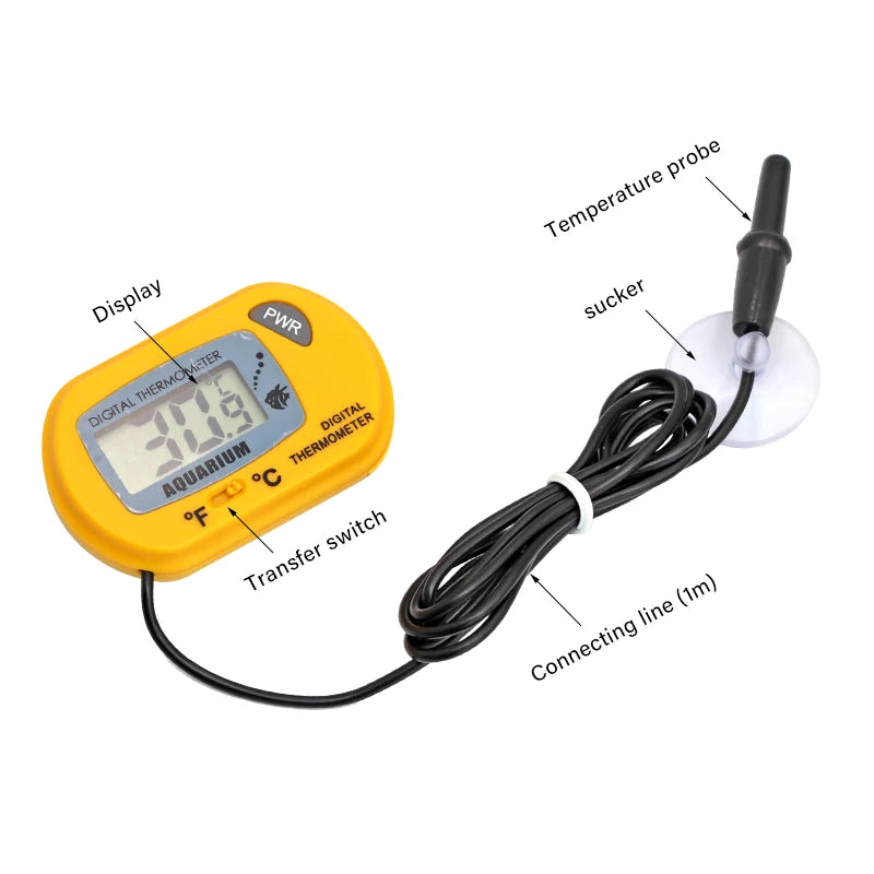 Geliges digitales Thermometer für die Aquariumwassertemperatur mit Verbindungslinie und Temperaturfühler.