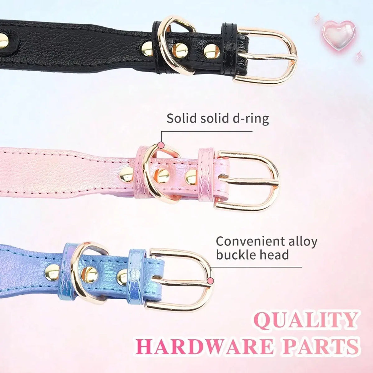 Close-up view of various quality hardware parts for dog collars including d-rings and buckle heads in black, pink, and blue.