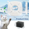 A white replacement carbon filter sponge is shown next to a cat, illustrating the product size and use for pet fountains.