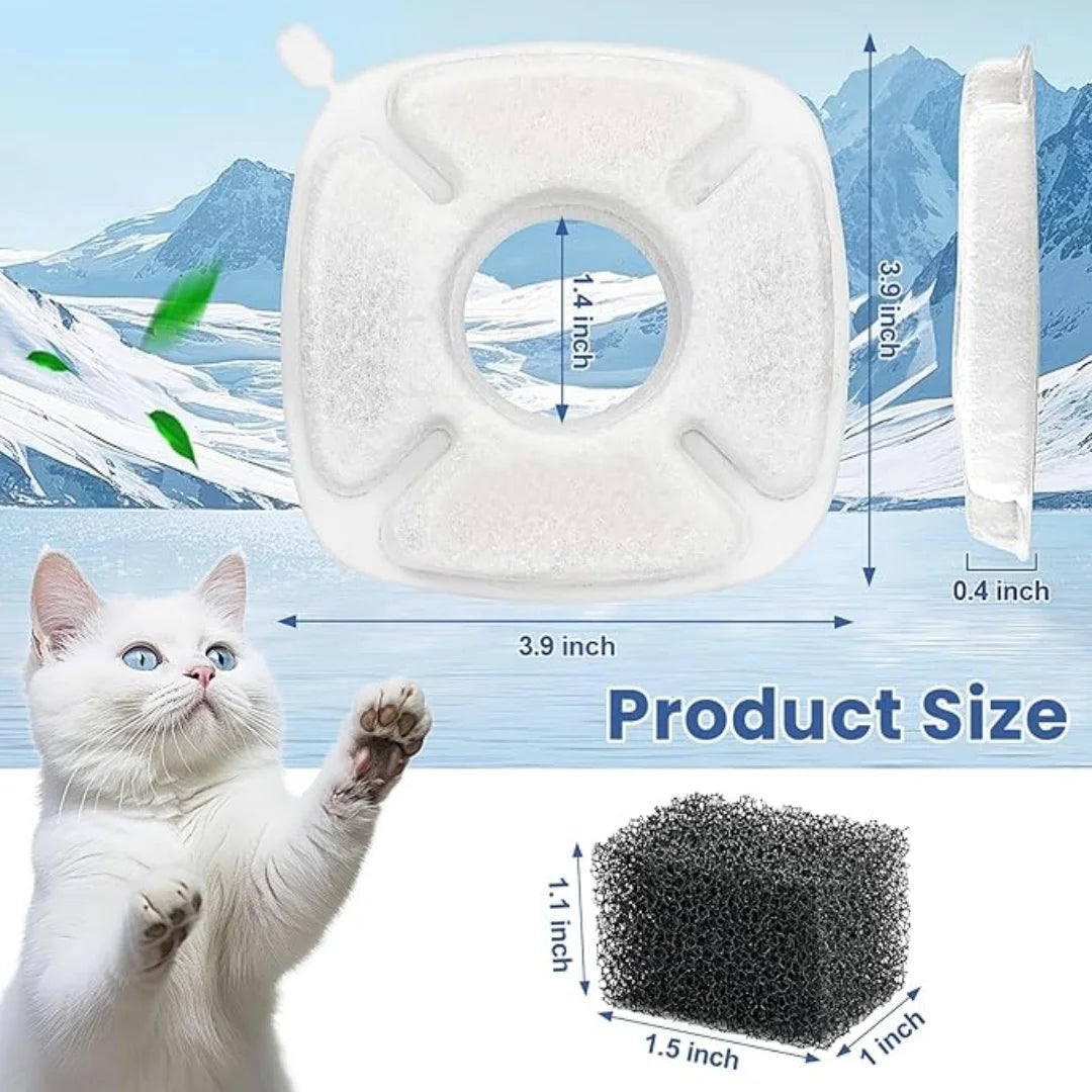 A white replacement carbon filter sponge is shown next to a cat, illustrating the product size and use for pet fountains.