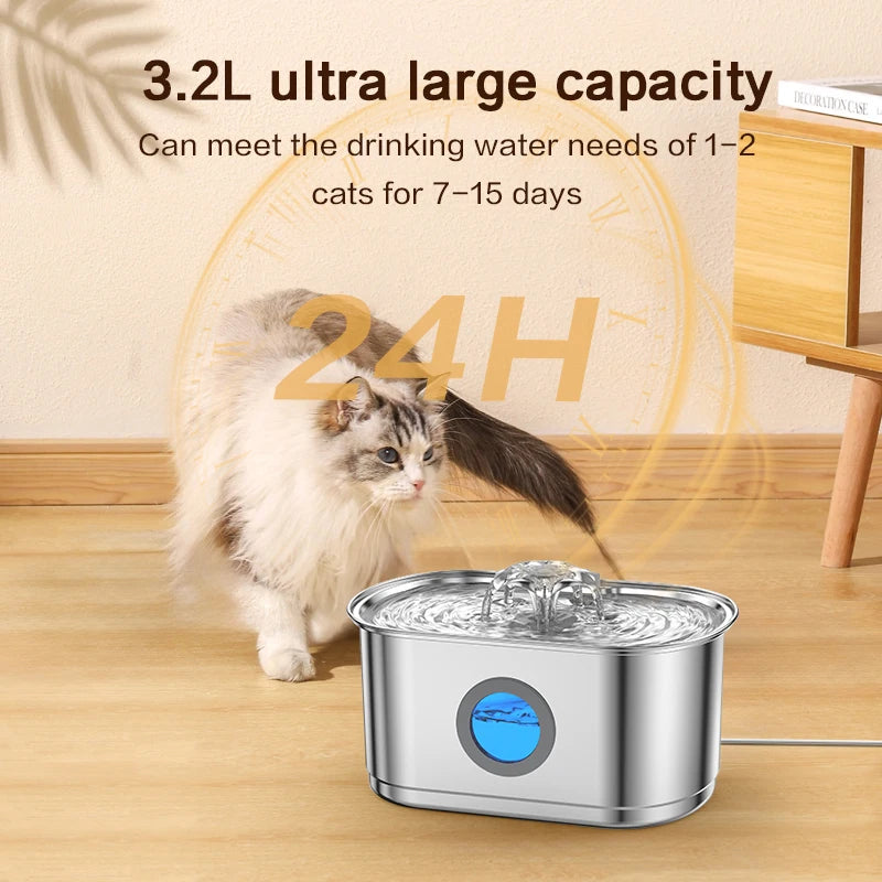 A stainless steel automatic cat water fountain is shown pouring water onto a surface.