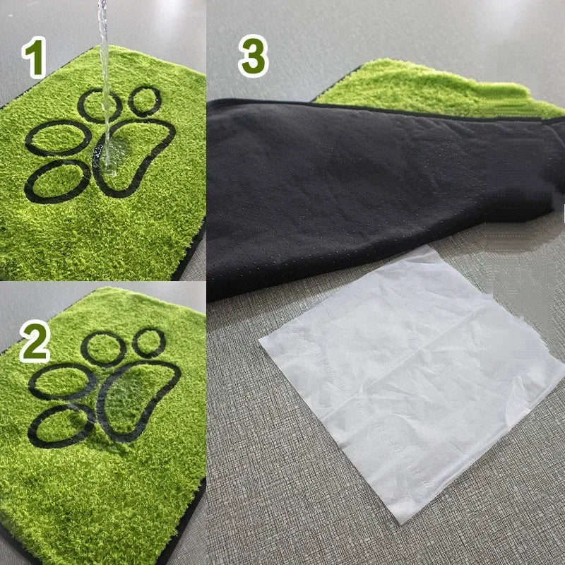 Three steps showing how to clean and dry a washable pet grass mat with waterproof backing.