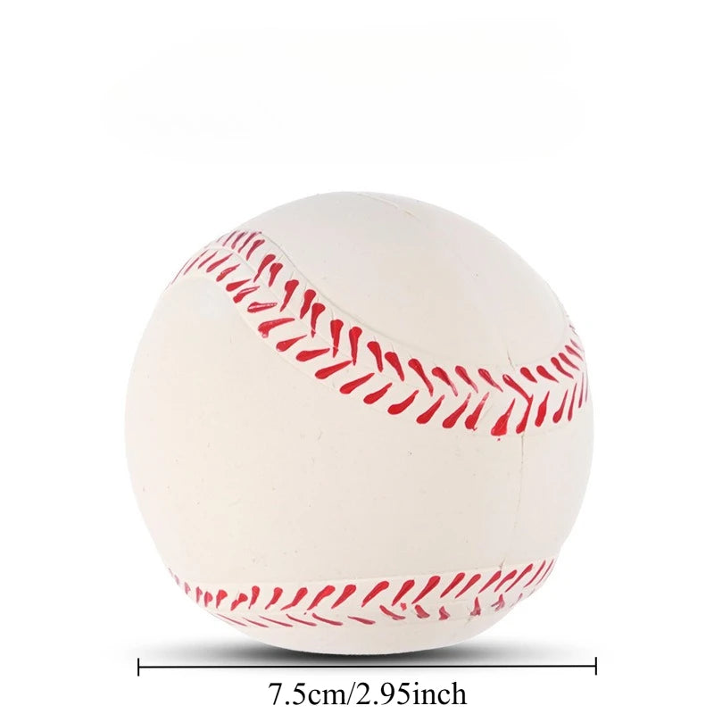 A white squeaky latex ball with red stitching is shown against a white background.