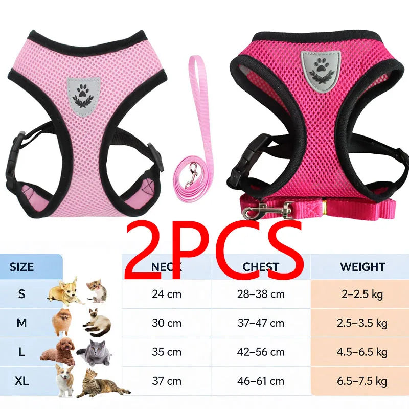 Two pink reflective harnesses for cats and small dogs shown with size chart.