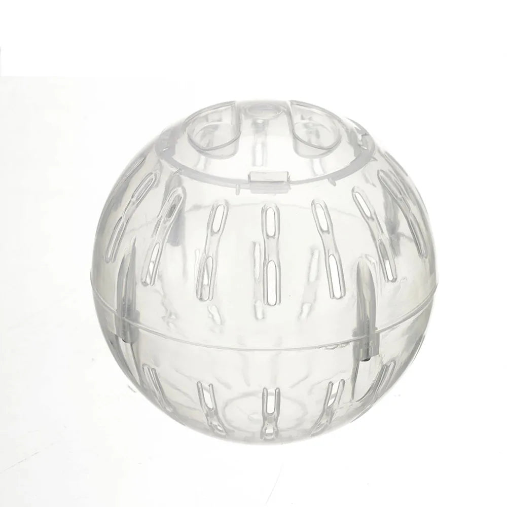 A clear, transparent exercise ball designed for small pets like hamsters.