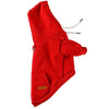A bright red warm fleece dog hoodie for small and medium breeds.