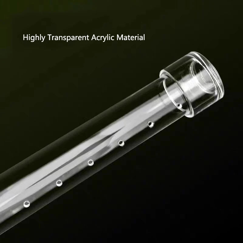 A clear acrylic spray bar with small holes is shown against a dark background.