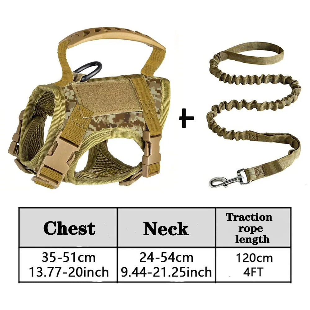 A beige mesh pet harness with a control handle and traction rope shown next to size specifications.