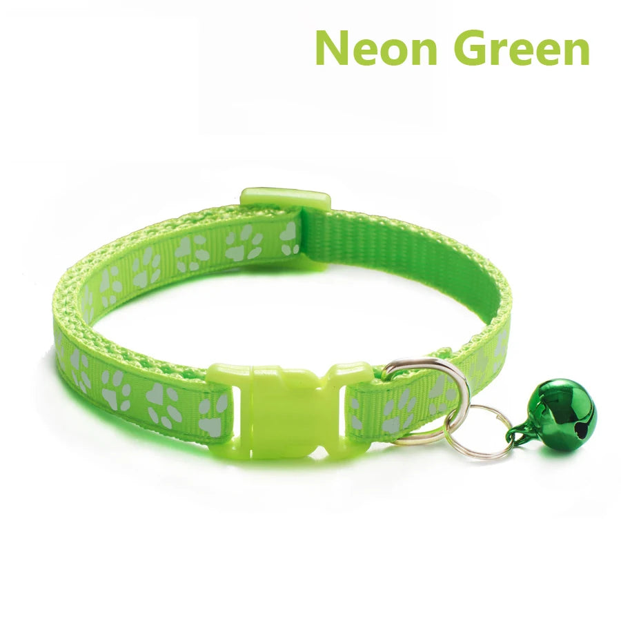 Neon green adjustable pet collar with a silver ring and bell attached