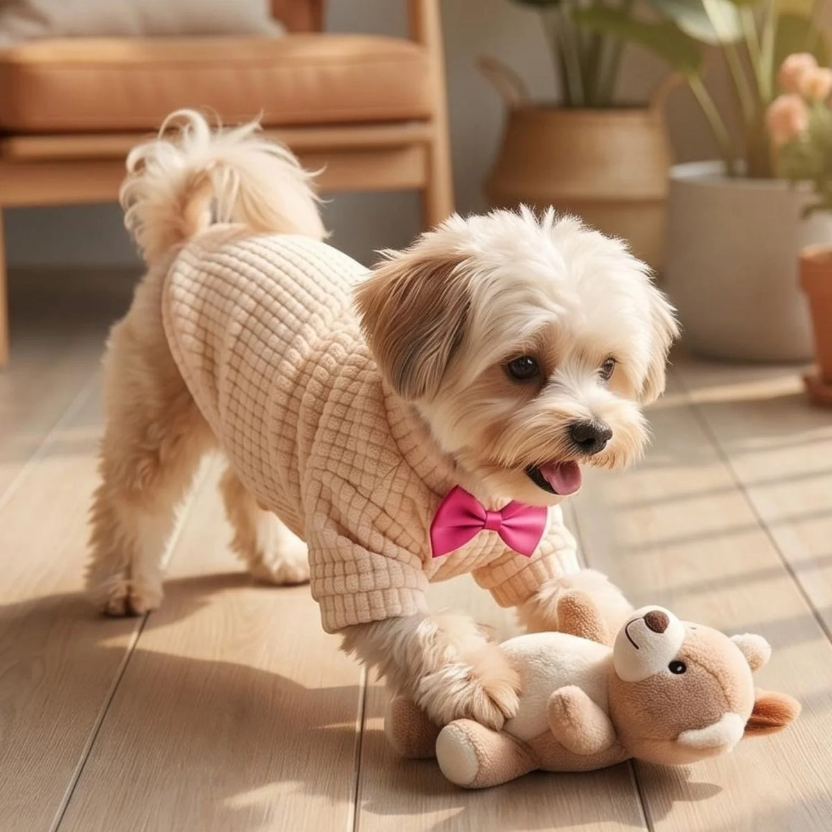 A fluffy beige waffle knit dog sweater with a pink bowtie is shown on a small dog.