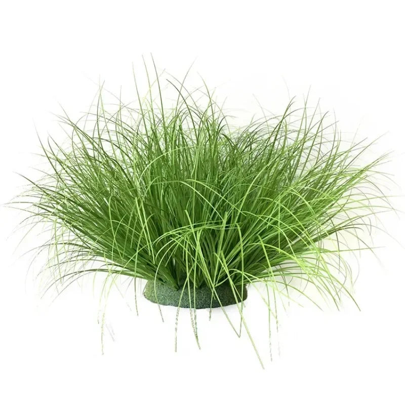 A clump of vibrant green simulated onion grass used as a garden decoration.