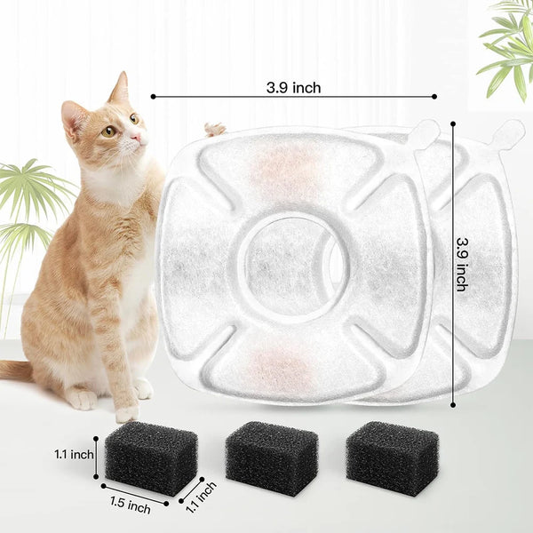 A set of three black replacement filters for a cat water fountain, shown next to a domestic cat.