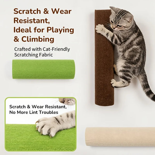 A tabby cat is climbing a vertical, dark brown fabric scratcher mounted on a wall.