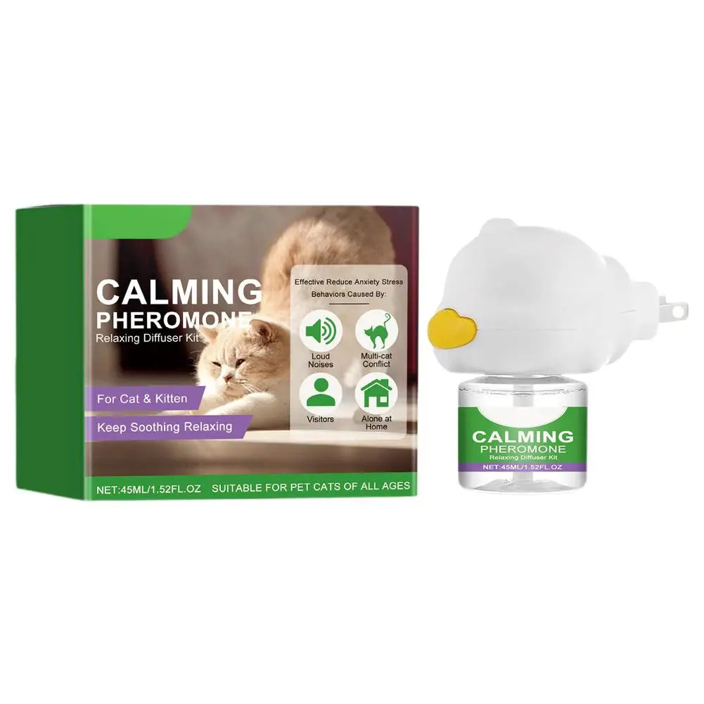Caja verde de difusor de feromonas calmantes para gatos con unidad difusora blanca.