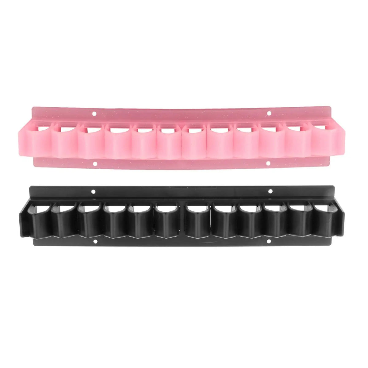Two wall-mounted whip organizer racks, one pink and one black.