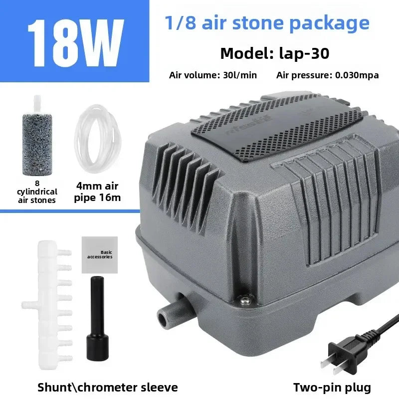 A gray air stone package featuring 8 cylindrical air stones, a 4mm air pipe, a shunt/chrometer sleeve, and a two-pin plug.