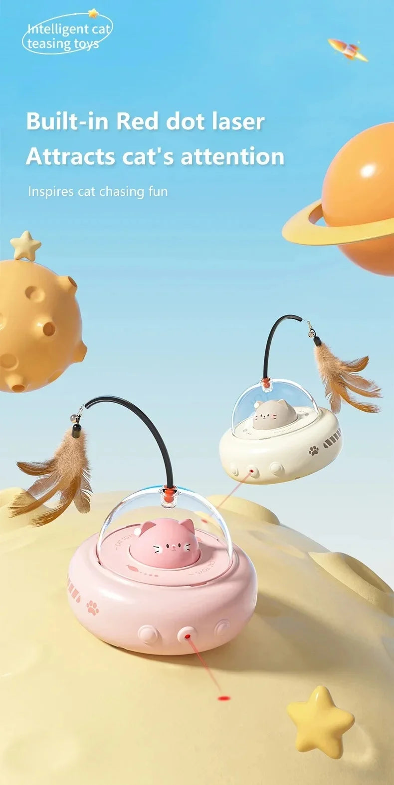 A pink automatic UFO cat teaser toy with a feather wand is shown interacting with a yellow cat toy.
