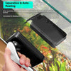 A hand is holding a black and white magnetic aquarium cleaning brush, demonstrating separation and auto-floating features.