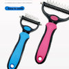 A pink and blue pet hair removal comb with a round head design for quickly untying knots.