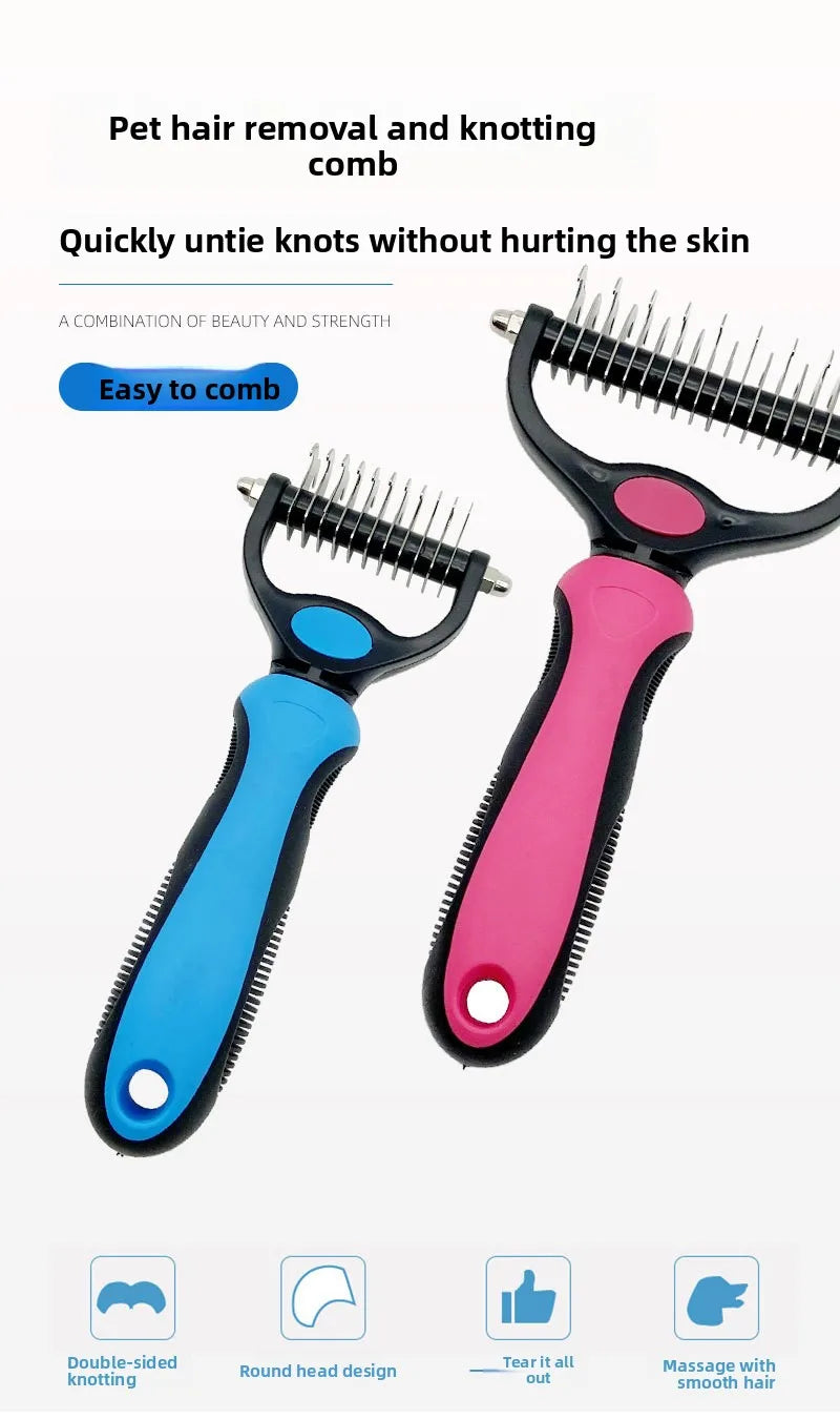 A pink and blue pet hair removal comb with a round head design for quickly untying knots.