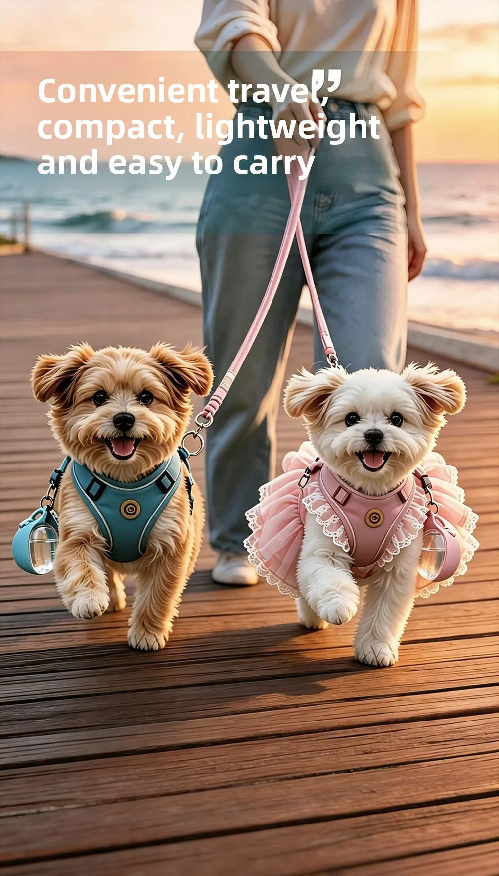 Two small dogs wearing pink harnesses are walking on a wooden deck with a person in the background.