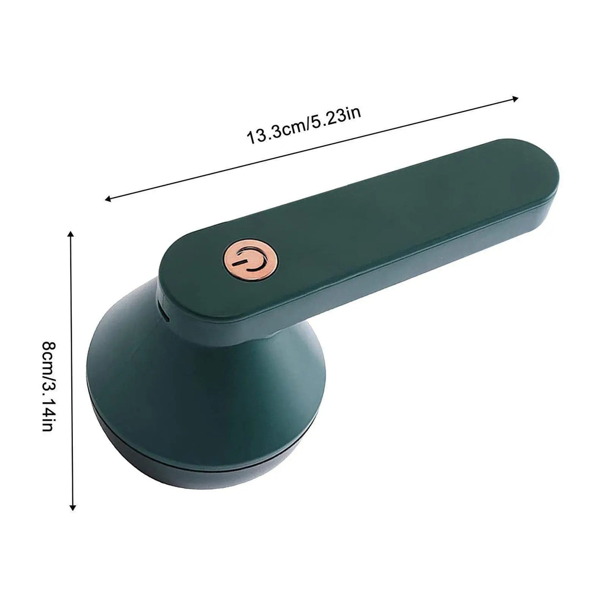 A dark green portable electric lint and fabric shaver with an LED display, shown from the side.
